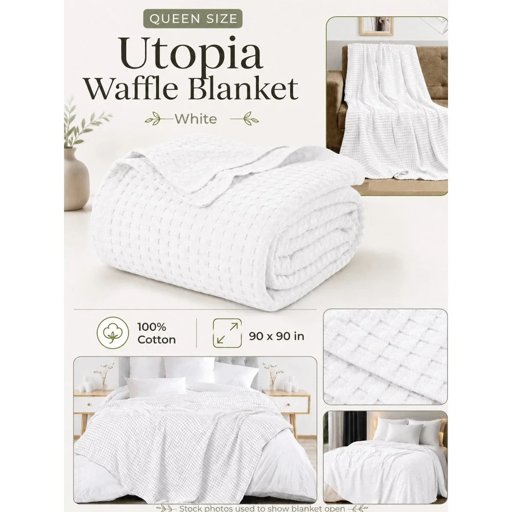 Utopia Waffle Blanket Queen White 100% Cotton Lightweight Breathable Cozy NWOT